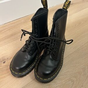 Dr. Martens Black Leather Boots with Yellow Stitching